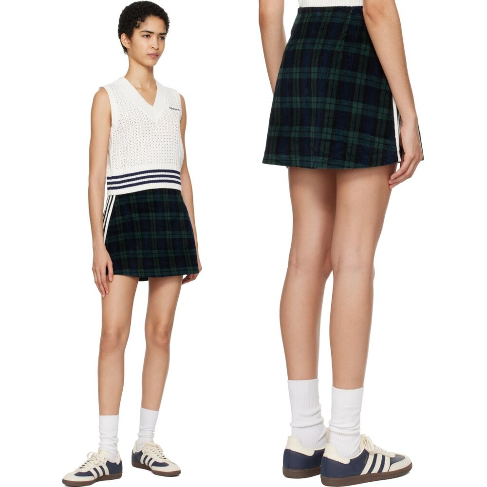 NWT adidas Originals Corduroy Tartan Mini Skirt in Dark Green & Navy, Size Large